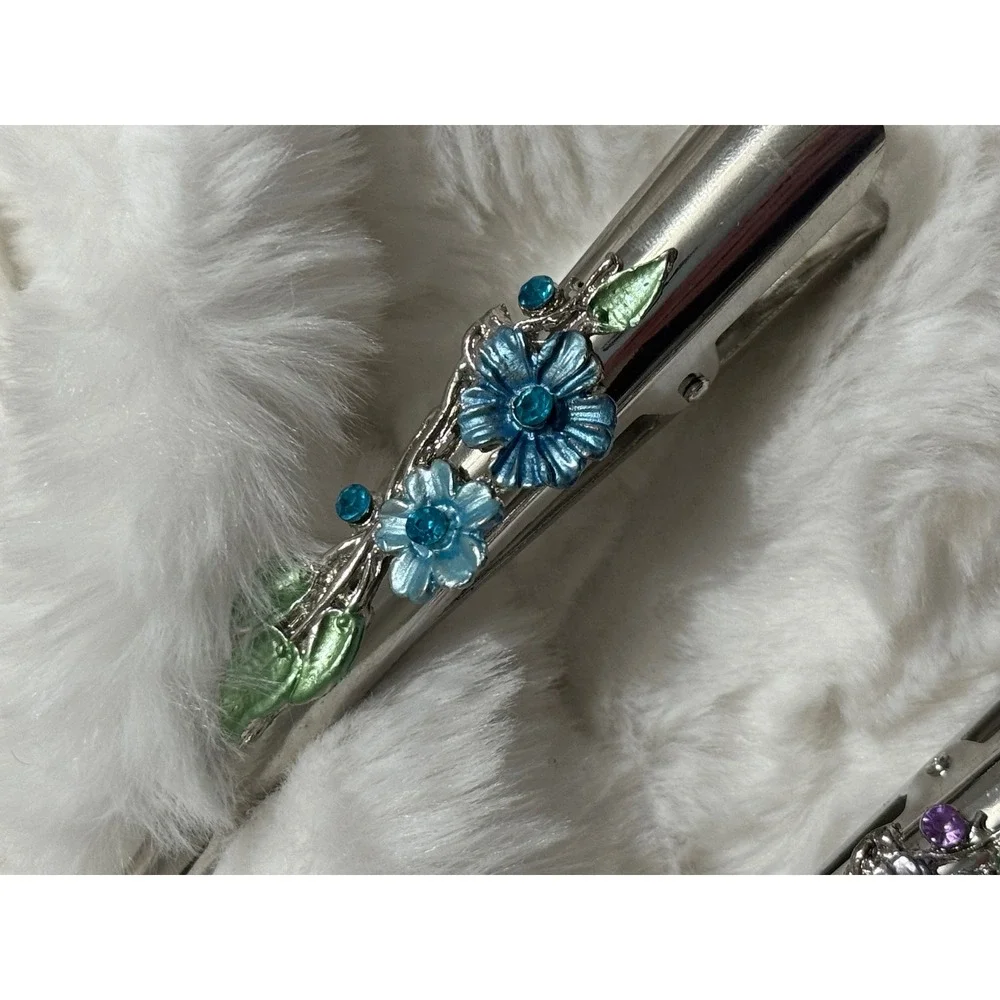 2 PC Set Floral Enamel‎ Alligator Hair Clips Rhinestone Blue Purple Silver Tone